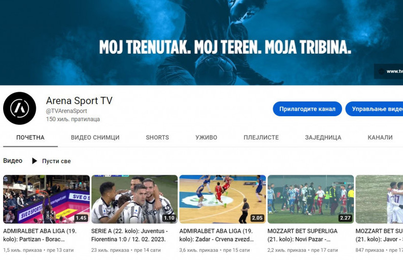 Jutjub kanal TV Arena sport ima 150.000 pratilaca: Hvala vam na poverenju, nastavljamo da postavljamo nove rekorde