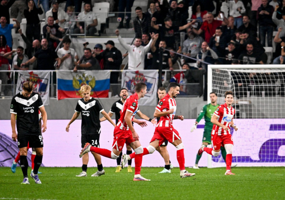 Fudbaleri Crvene zvezde, na meču sa Luganom, u prvom kolu Lige konferencije